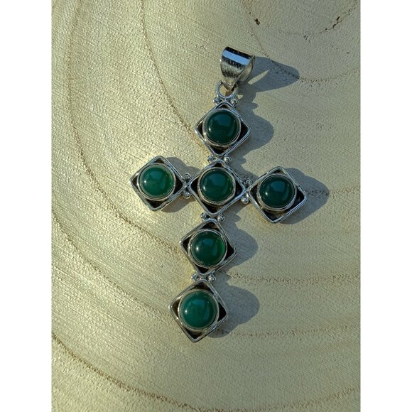 Artisan Sterling Silver Cross Pendant G Onyx  Cabochon Stones Religious Crucifix - Picture 2 of 10